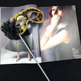 Lüks Taşlı Saplı Maskeli Balo Maskesi Siyah Renk 35 cm
