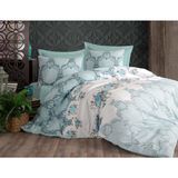 Lüks%80 Pamuklu Çift Kişilik Nevresim Takımı Seti Yorgan Kılıfı LOVE KALP Desen 200x220 cm + Lastikli Battal Boy Çarşaf 180x200x30 cm +2 Yastık Kılıflı 50x70 cm (Mavi, Çiçekli)