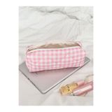 Lulishop Pembe Kareli Kapitone Kalemlik – Çok Amaçlı Kumaş Kalem Kutusu ve Organizer Çanta (24x7x7 cm)