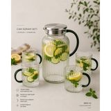 Lumindra Liora Modern Çizgili Cam Sürahi 4 Bardak Seti 1800 ml Sürahi 350 ml Bardak - Yeşil