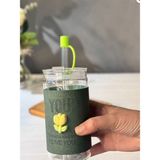 Lumindra Minnoş 350ML Cam Pipetli Bardak | Kapaklı | Süet Kılıflı Soğuk Kahve Smoothie Sunum Bardağı (B) - 1 Adet - Yeşil