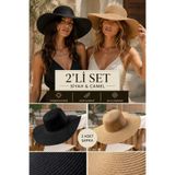 Luminos Butik 2’li Set Siyah Camel Geniş Kenarlı Hasır Yazlık Plaj Şapkası Güneş Koruyucu SHSR2005