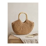 Luminos Butik Yarım Ay Bambu Kulplu Camel Hasır Çanta 32x52 CNT1155