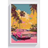 Lumiyo Retro Pembe Klasik Araba ve Palmiye Ağacı Çerçeveli Poster