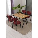 Lumodi Mobilya Elma Modeli Masa Sandalye Takımı, 4 Sandalye 1 Sabit Ceviz Masa 110 x 70 cm , Keten Kumaş - Bordo - 110 x 70 cm
