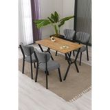 Lumodi Mobilya Elma Modeli Masa Sandalye Takımı, 4 Sandalye 1 Sabit Ceviz Masa 110 x 70 cm , Keten Kumaş - Gri - 110 x 70 cm