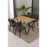 Lumodi Mobilya Elma Modeli Masa Sandalye Takımı, 4 Sandalye 1 Sabit Ceviz Masa 110 x 70 cm , Keten Kumaş - Kahverengi - 110 x 70 cm