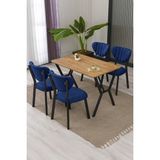 Lumodi Mobilya Elma Modeli Masa Sandalye Takımı, 4 Sandalye 1 Sabit Ceviz Masa 110 x 70 cm , Keten Kumaş - Lacivert - 110 x 70 cm