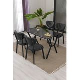 Lumodi Mobilya Elma Modeli Masa Sandalye Takımı, 4 Sandalye 1 Sabit Siyah Mermer Desen Masa 110 x 70 cm , Keten Kumaş - Antrasit - 110 x 70 cm