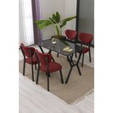 Lumodi Mobilya Elma Modeli Masa Sandalye Takımı, 4 Sandalye 1 Sabit Siyah Mermer Desen Masa 110 x 70 cm , Keten Kumaş - Bordo - 110 x 70 cm