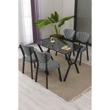 Lumodi Mobilya Elma Modeli Masa Sandalye Takımı, 4 Sandalye 1 Sabit Siyah Mermer Desen Masa 110 x 70 cm , Keten Kumaş - Gri - 110 x 70 cm