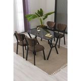 Lumodi Mobilya Elma Modeli Masa Sandalye Takımı, 4 Sandalye 1 Sabit Siyah Mermer Desen Masa 110 x 70 cm , Keten Kumaş - Kahverengi - 110 x 70 cm