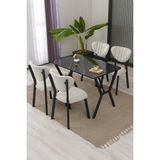Lumodi Mobilya Elma Modeli Masa Sandalye Takımı, 4 Sandalye 1 Sabit Siyah Mermer Desen Masa 110 x 70 cm , Keten Kumaş - Krem - 110 x 70 cm