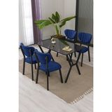 Lumodi Mobilya Elma Modeli Masa Sandalye Takımı, 4 Sandalye 1 Sabit Siyah Mermer Desen Masa 110 x 70 cm , Keten Kumaş - Lacivert - 110 x 70 cm