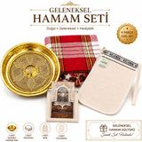 Luna Çeyiz Hediyelik Geleneksel Hamam Seti 4 Parça – Bakır Hamam Tası, Peştamal, Hamam Kesesi ve Ipek Yüz Kesesi - Altın