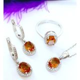 Luna Luster 18 Ayar Altın Kaplama Zultanit Sultan Taşlı Oval Damla Tasarım Kolye Küpe Yüzük Kadın Gümüş Set