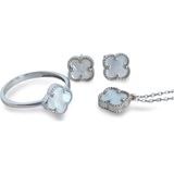 Luna Luster 925 Ayar Gümüş Beyaz Tasarım Yonca Kolye Küpe Kadın Set Doğum Günü Hediye