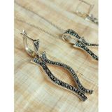 Luna Luster 925 Ayar Gümüş Siyah Markazit Taşlı Uzun Lale Tasarım Kadın Kolye Küpe Set Öğretmenler Günü Hediye
