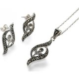 Luna Luster 925 Gümüş Markazit Taşlı Zarif Siyah Lale Tasarım Set Kadın Kolye Küpe