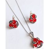 Luna Luster Gümüş Kırmızı Akik Markazit Taşlı Van Cleef Tasarım Kadın Set Kolye Küpe Öğretmenler Günü Hediye