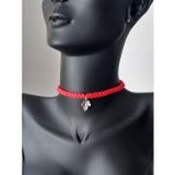 Luna Luster Gümüş Kırmızı İp Yaprak Tasma Tasarım Kadın Choker Kolye Yılbaşı Yeni Yıl Hediye