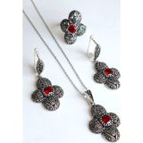 Luna Luster Gümüş Markazit Otantik Sultan Yonca Tasarım Kadın Set Kolye Küpe Yüzük No.18 Doğum Günü Hediye
