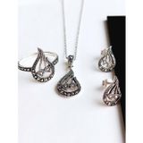 Luna Luster Gümüş Markazit Taşlı Otantik Lale Tasarım Kadın Set Kolye Küpe Yüzük Öğretmenler Günü Hediye