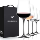 LUNA & MANTHA 4'lü Şarap Kadehi Seti, 425 ml Elde Üflemeli Kristal Kırmızı Beyaz Şarap Kadehi, Set için İdeal Hediye, Düğünlerde veya Doğum Günlerinde Kızartma