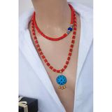 Luna Mat Kırmızı Cam Boncuk Süryani Taşlı İkili Kolye Seti Choker Uzun Kolye Kutulu