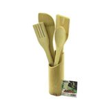 Lunaev 5PCS Ahşap Bambu Mutfak Seti Stand - Kaşık - Çatal - 2 Spatula Fileli Pişirme Ve Servis Malze