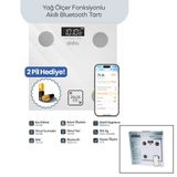 Lunaev Beyaz Yağ Ölçer Akıllı Bluetooth Cam Baskül Pilli 180KG/50GR 26X26CM 8-Kişi Hafıza LCD Ekran
