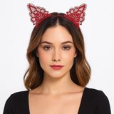 Lunaev Dantelli Kırmızı Kedi Tacı - Vintage Tarz Dantel Kedi Kulak Parti Gözlüğü Ve Maske