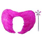 Lunaev Gerçek Tüylü Katlanabilir Çocuk Pembe Melek Kanadı ve Asa Seti 40x55 cm Parti Kostümü