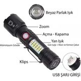 Lunaev WS-2828 Ultra USB Şarjlı Polis El Feneri, Bekçi, Asker El Feneri Kırmızı Mavi Çakarlı 1000 Lümen (4490)