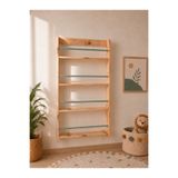 LunaLoveWood Masif Ahşap Montessori Kitaplık - Renkli Çubuklu Çocuk Odası Duvar Rafı 4 Raflı - 120x60 cm
