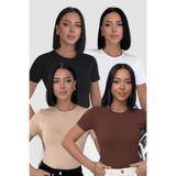 Lunamiratto Kadın 4'lü Kısa Kollu Bisiklet Yaka Body Pamuk Likra Esnek Toparlayıcı Basic