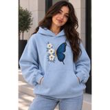LUNAVISTA Kadın Oversize Kelebek ve Çiçek Baskılı Kapüşonlu Sweatshirt Kanguru Cepli Rahat Kalıp Günlük Hoodie