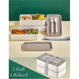 Lunch Box 2 Katlı Krem Çatal Kaşıklı Saklama Kabı 1003 Beslenme Kutusu Bölmeli Yemek Kutusu - 100 ml - 079 Buz Beyazı
