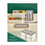 Lunch Box 2 Katlı Krem Çatal Kaşıklı Saklama Kabı 1003 Beslenme Kutusu Bölmeli Yemek Kutusu