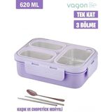 Lunch Box 620 ml Tek Kat Üç Bölmeli Metal Kaşıklı Yeni Nesil Sefer Tası Mor - Lila