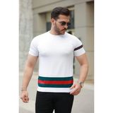 Lune Store Erkek Bisiklet Yaka Bel ve Kol Şerit Desenli Kısa Kollu Tişört - Beyaz - 3XL