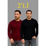 Lune Store Erkek Fitilli Triko Kazak 2’li Set – Siyah - Bordo, Kalın Dokuma Pamuklu Regular Fit Bisiklet Yaka Uzun Kollu Rahat Kışlık Kazak Kombini - XL