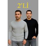 Lune Store Erkek Fitilli Triko Kazak 2’li Set – Siyah - Gri, Kalın Dokuma Pamuklu Regular Fit Bisiklet Yaka Uzun Kollu Rahat Kışlık Kazak Kombini - Çok Renkli - 2XL
