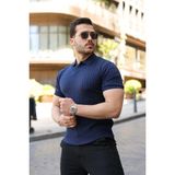 Lune Store Erkek Örgü Desen Yakalı Kısa Kollu Triko Tişört - Lacivert - 2XL