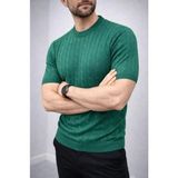 Lune Store Erkek Yazlık Triko Dokuma Tişört Kısa Kol Bisiklet Yaka Örgü Desenli T-Shirt - Haki