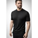 Lune Store Erkek Yazlık Triko Dokuma Tişört Kısa Kol Bisiklet Yaka Örgü Desenli T-Shirt - Siyah