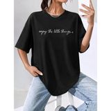 Lune Store Kadın Kısa Kollu Önü Yazı Baskılı Basic Viskon Bluz - Siyah