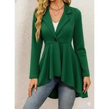 Lune Store Kadın Uzun Kollu Yakalı Önden Düğmeli Uzun Atlas Blazer Ceket - Yeşil
