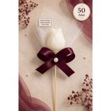 LuneraBag 50 Adet Kişiye Özel Mürdüm Kurdeleli İncili Taşlı Beyaz Lale Kokulu Mum Hediyelik Söz Nişan Kına Düğün Baby Shower Hediyesi