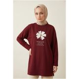 Lunfia Çiçek Nakışlı Bisiklet Yaka Tunik - Bordo